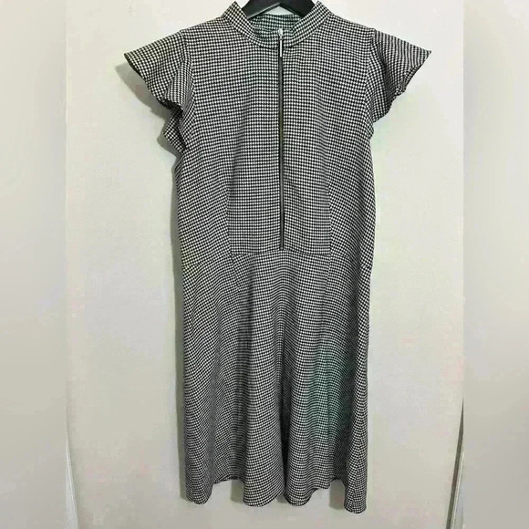 Zoe By Rachel Zoe Front Zip Black White Houndstooth Dress Size 12 Flutter Sleeve - Picture 3 of 8